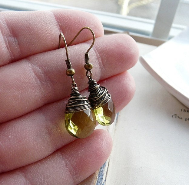 Olive juice - Antiqued brass wire wrapped light olive green glass earrings