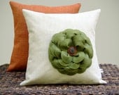 16" AUTUMN PILLOW COVER - Olive Green Felt Flower - Burnt Orange Button Wood Button Natural Linen Home Decor by JillianReneDecor