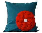 Red Felt Flower DESIGNER THROW PILLOW in Teal Linen with White Ceramic Retro Button by JillianReneDecor Bright  Colorful Home Decor