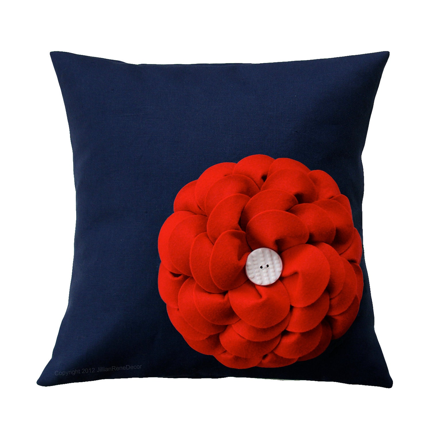 Red Felt Flower Navy Blue Linen 16in PILLOW COVER Cream Button Accent by JillianReneDecor Summer Home Decor Patriotic