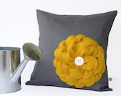 16in PILLOW COVER Charcoal Gray Linen Mustard Yellow Felt Flower with Ceramic Button by JillianReneDecor Spring Home Decor