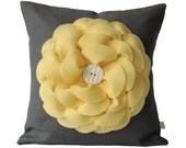 Butter Yellow Flower PILLOW COVER Charcoal Gray Linen with Cream Ceramic Button by JillianReneDecor Home Decor Baby Shower Nursery