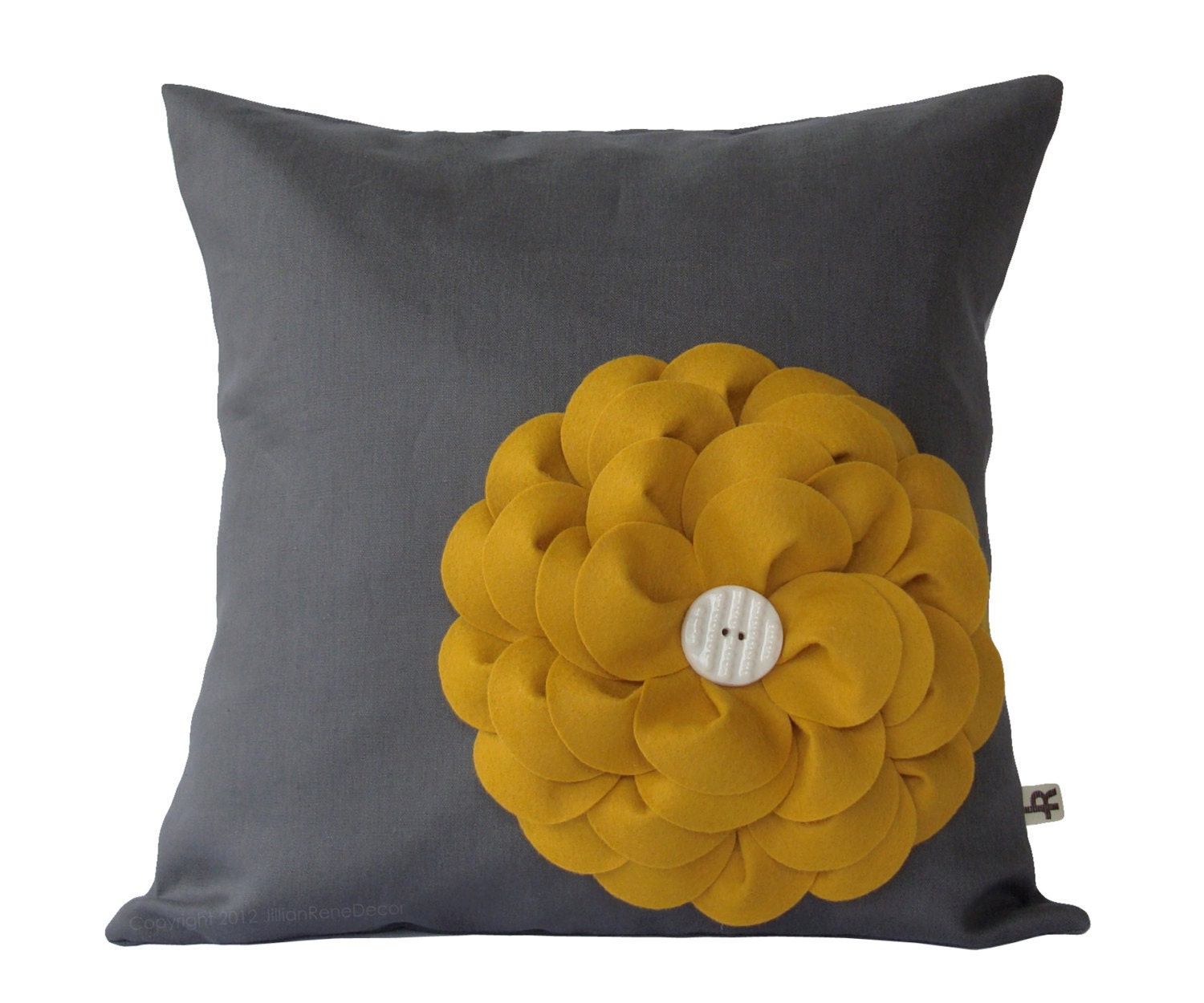 Mustard Yellow Felt Flower PILLOW COVER Charcoal Gray Linen with Cream Ceramic Button by JillianReneDecor Spring Home Decor Gift for Her