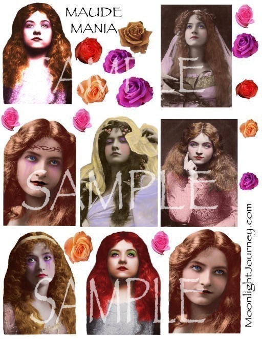 MaUdE MaNiA collage sheet fealy actress victorian maiden beauty roses rose red pink yellow eyes tears surreal