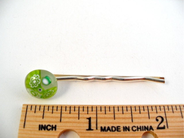 Bobby Pin Millefiori Fused Glass Accessories Handmade Minnesota Artisan Handcrafted Hair Accessory Green As Grass