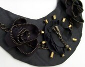 Black Leather Statement Necklace / Future Warrior Bib Necklace / Tribal Futuristic Fashion / Vintage Zippers / OOAK