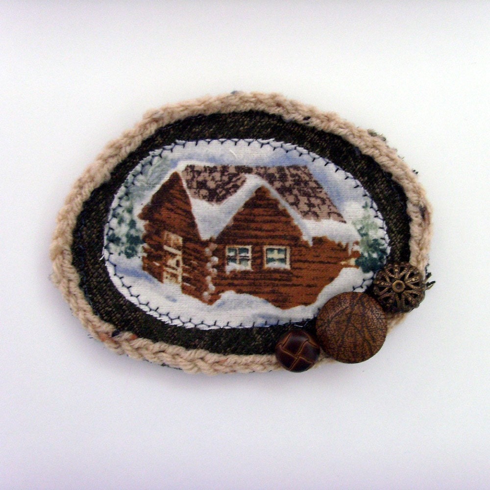 Mountain Log Cabin Brooch - Lapel Pin // White Snow - Brown Log Cabin - Green Pine Trees - Winter // Layered Textiles and Trims