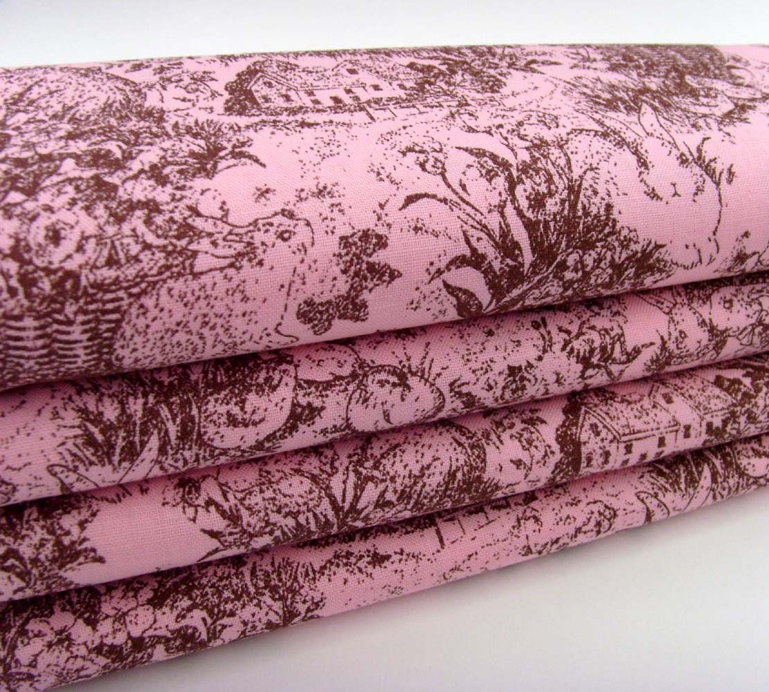 Chocolate Toile Pink Napkins / Rabbits Garden Spring Easter / Chocolate Brown - Pink / Bunnies Flowers Bird Houses / Feminine / Set of 4