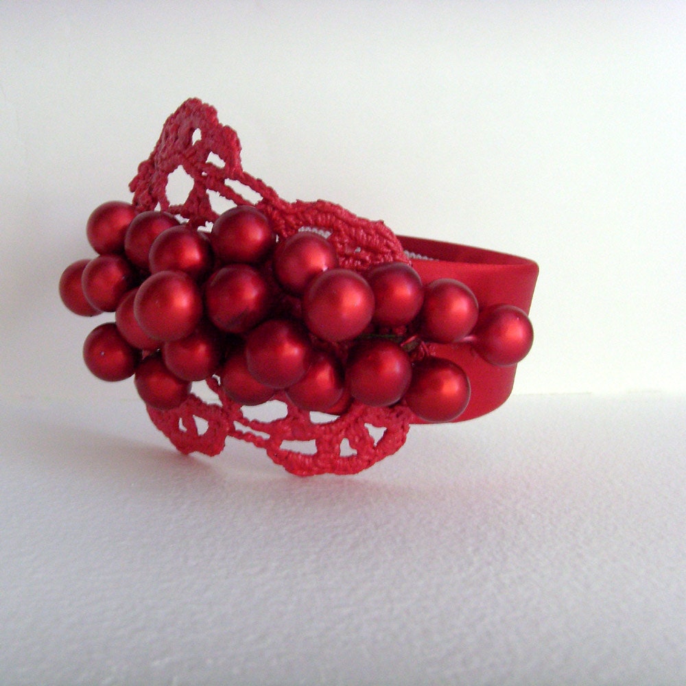 Red Winter Berries Headband - Head Piece Fashion // Cranberry Red Metallic Berries // Red Metallic Lace // Red Satin