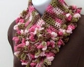 Romantic Ruffled Neck Shawl and Flower Brooch - Pin / Berry Pink - Mint Green - Chocolate Brown / Crochet Fashion / Neck Warmer Scarf / OOAK