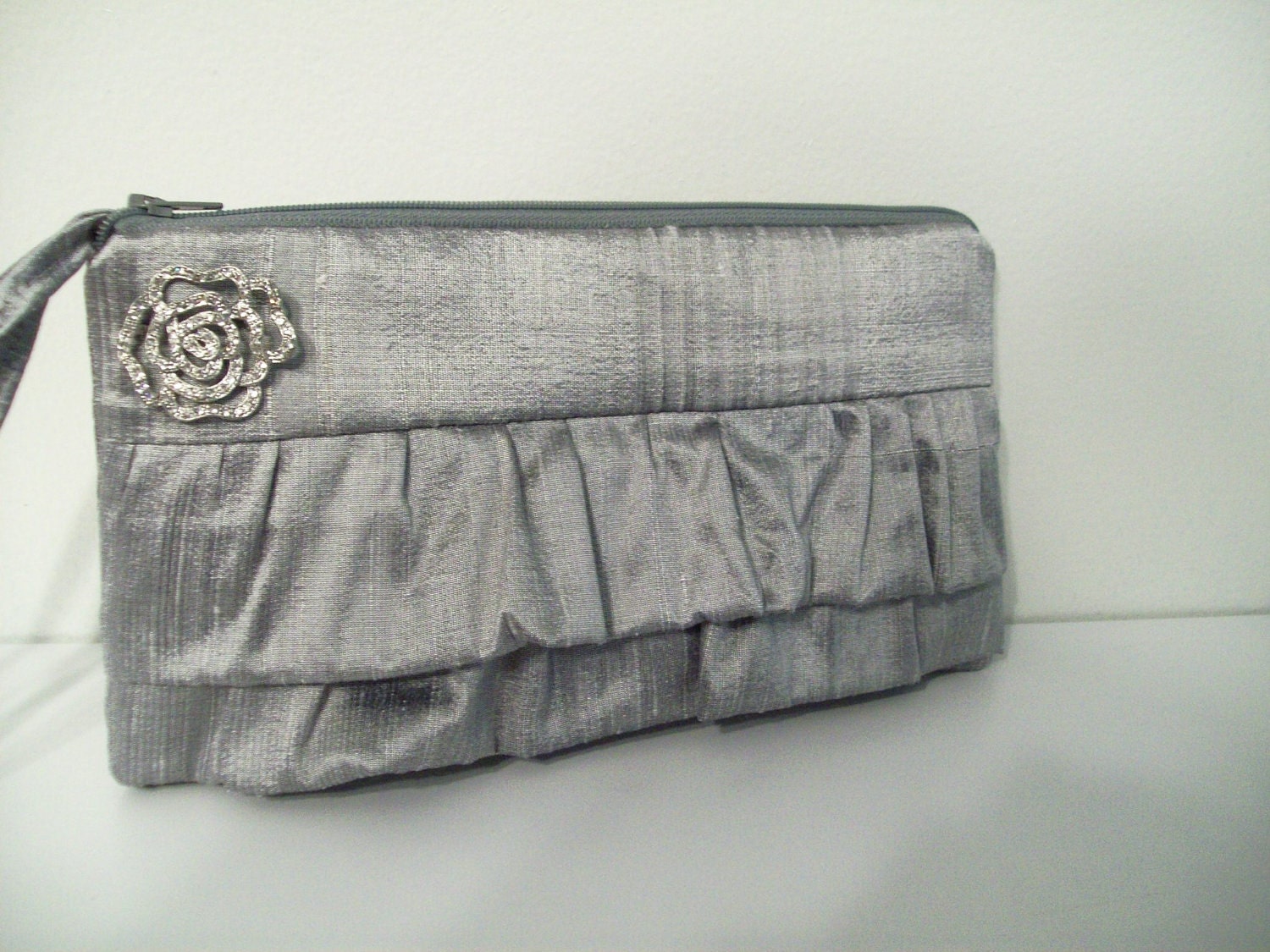 Ruffle clutch in silk dupioni w/brooch-Monogram available- Bridesmaid gifts, bridesmaids wristlets, bridal bags, purse, wedding party