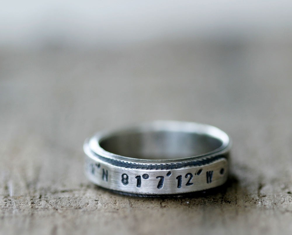 Latitude Longitude custom stamped sterling silver ring
