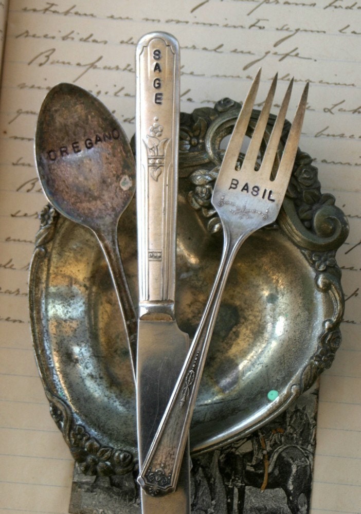 Vintage Silverware Garden Marker - Basil, Sage, Oregano - Fork, Knife, Spoon Set