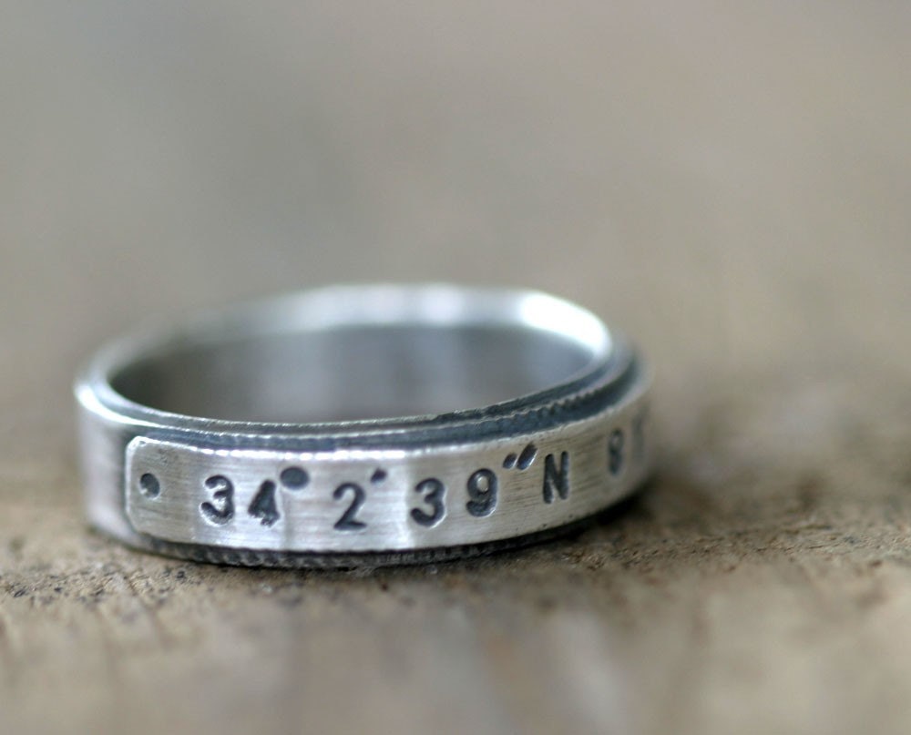 Latitude Longitude custom stamped sterling silver ring
