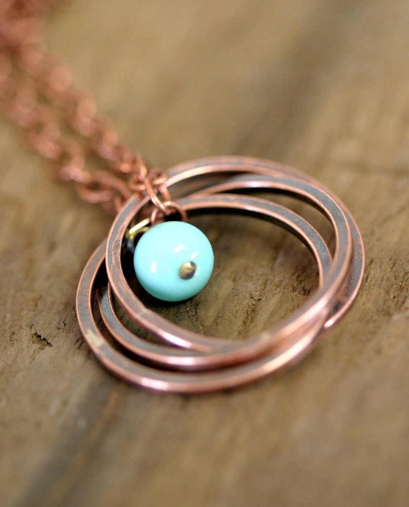 Copper Ring Necklace with Vintage Baby Blue Bead