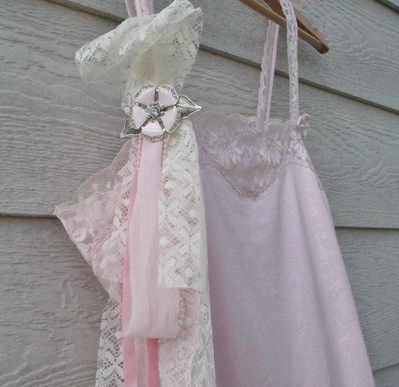 Slip dress..tank..tunic..camisole..ladies..pink..lace..ruffle..up-cycled..re-designed