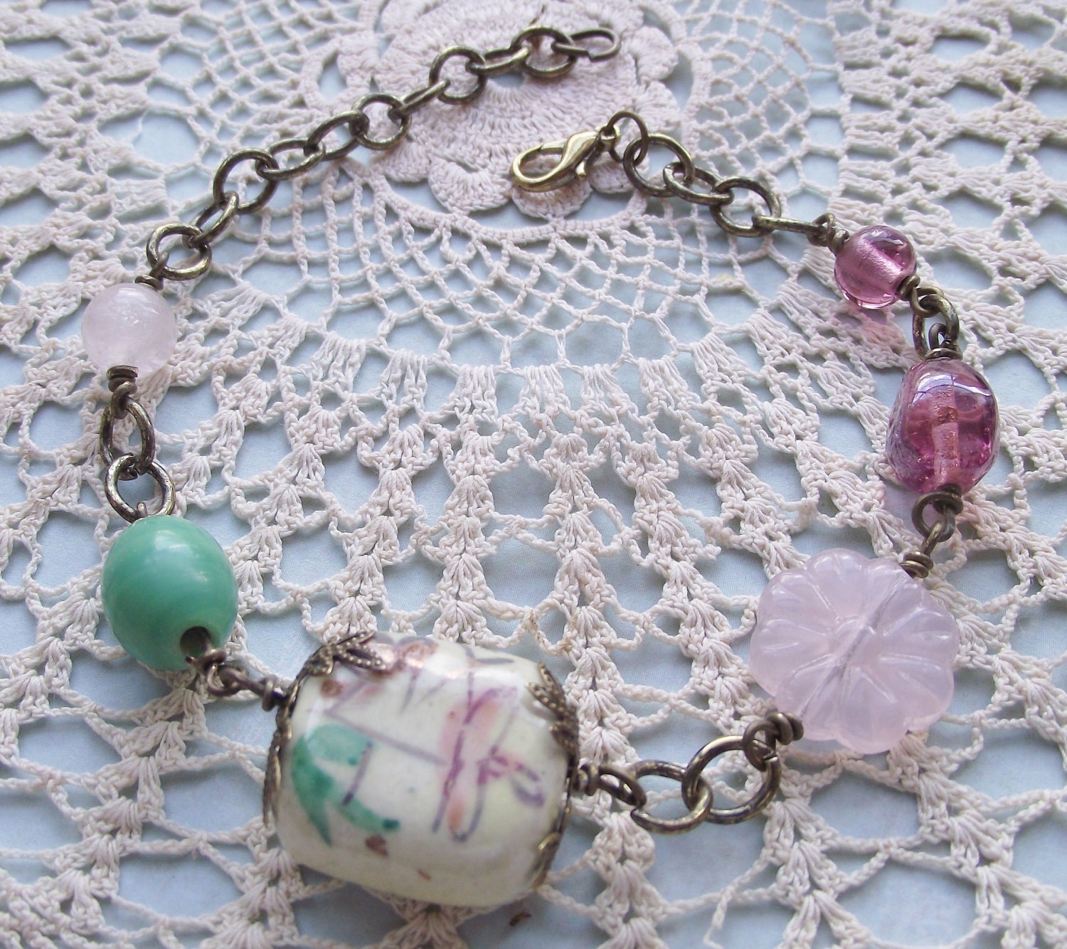 Boho.vintage.gold.rose quartz, pink.cream .green beads