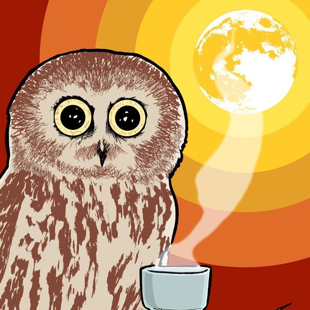 Coffee Owl 4x6 Giclee Illustration Print