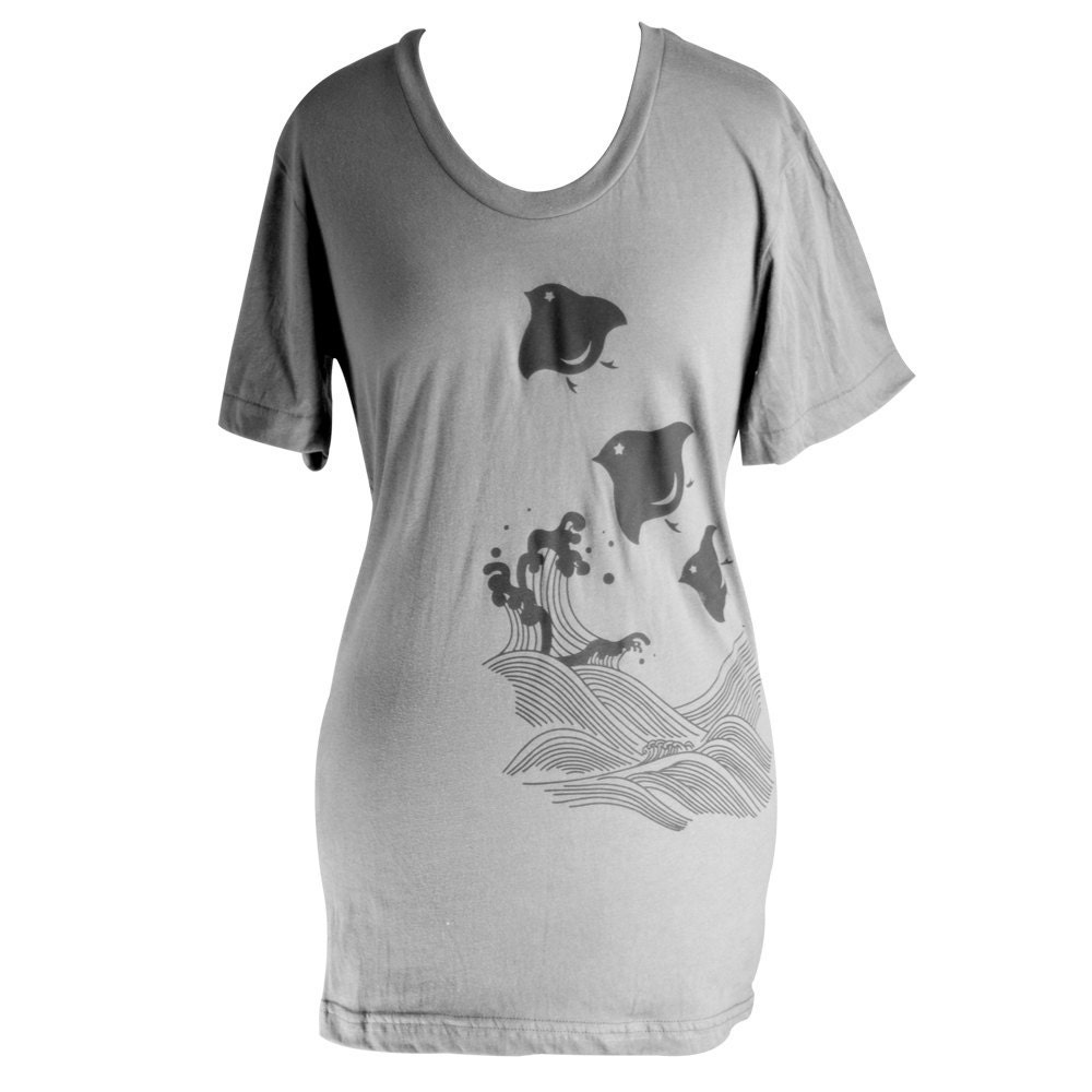 Asphalt Grey Chidori Plovers and Waves Loose Crew Summer T-Shirt - Sizes XS S M L