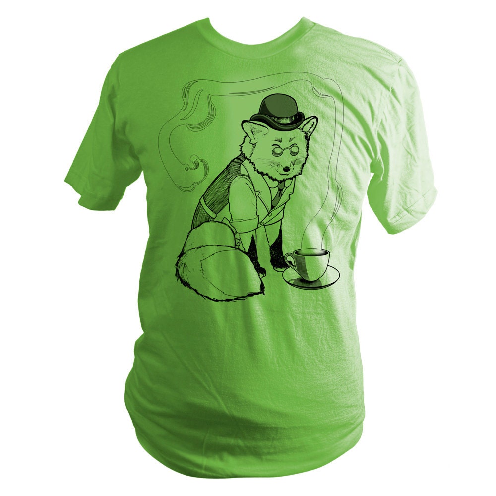 Grass Green Fancy Fox Gentleman Screen Printed T-Shirt - Sizes S L XL