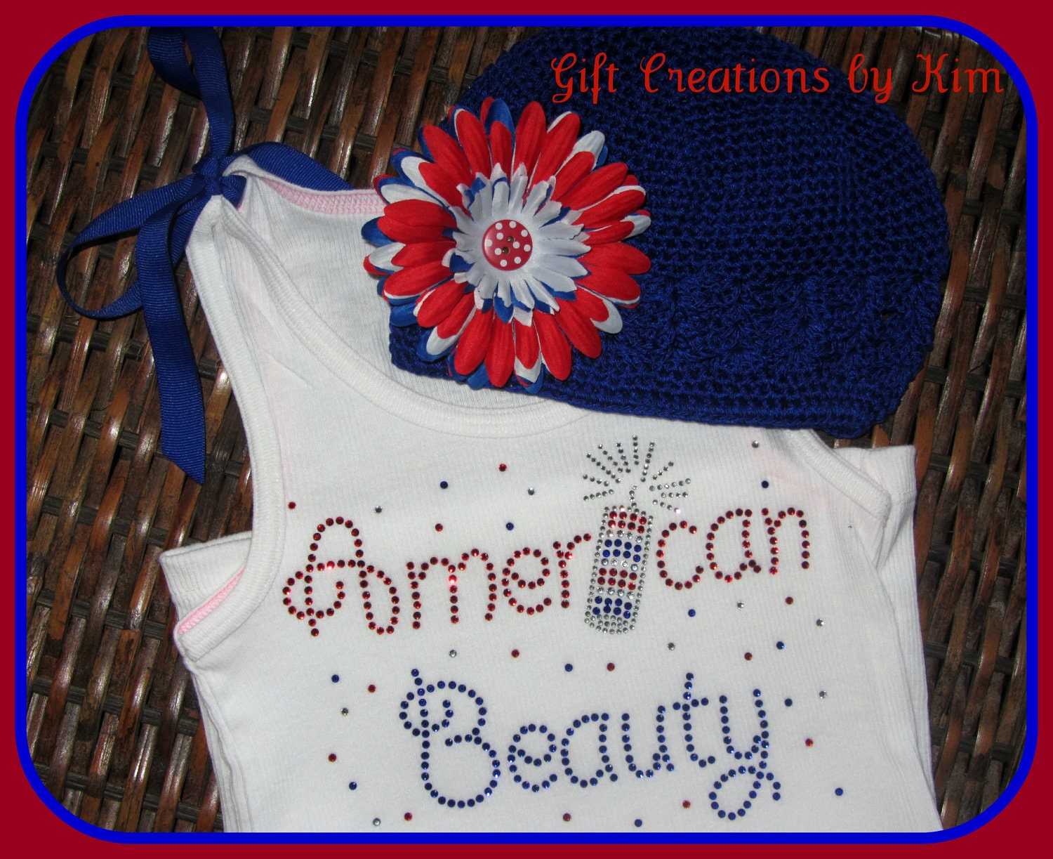 Boutique American Beauty BLING tank or tee  and Hat with flower giftset for Girls perfect for Memorial Fourth of July