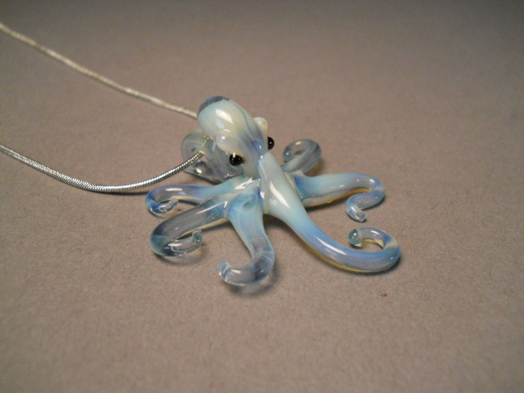Blown-glass Pearl Blue Octopus Pendant Necklace on a Silver Chain