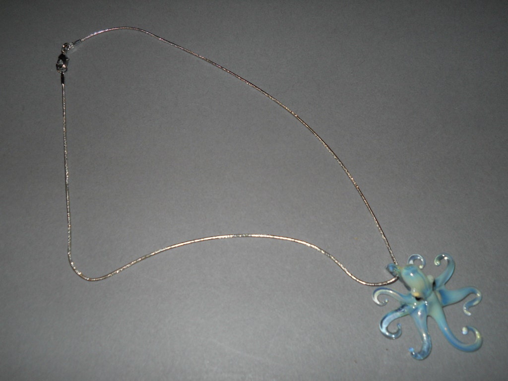 Blown-glass Pearl Blue Octopus Pendant Necklace on a Silver Chain