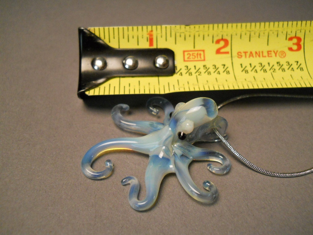 Blown-glass Pearl Blue Octopus Pendant Necklace on a Silver Chain