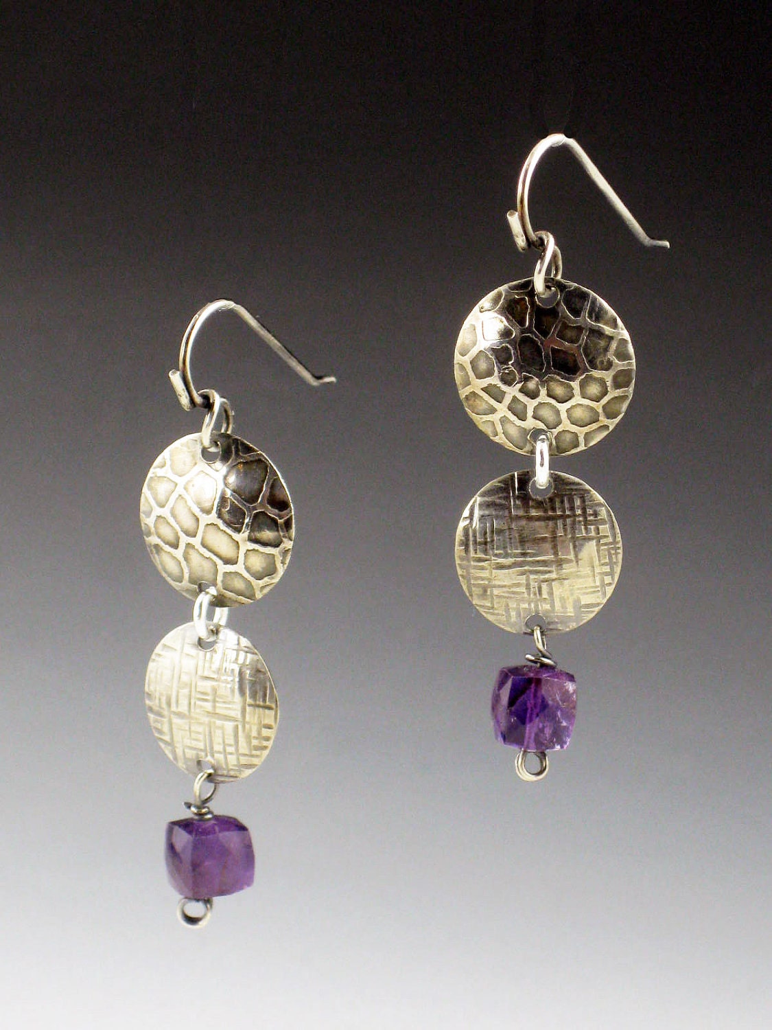 Sterling Silver Disc Earrings, Amethyst Earrings
