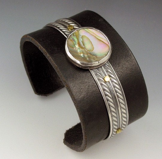 Large Sterling Silver and Black Leather Abalone Cuff