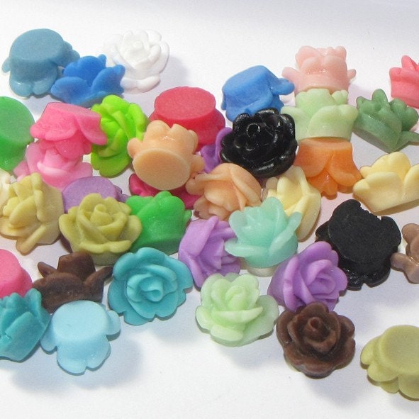 SALE --- FC1001 --- Mini baby rose resin flower Cabs - 10mm - QTY 60 pcs (2 of each color)