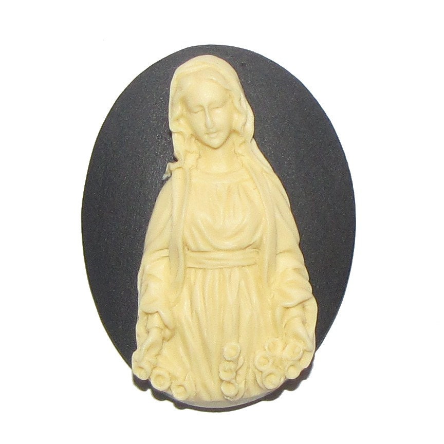 Virgin Mary Religious Cameo- 40x30mm - 2 pcs - Ivory on Black - Great for painting into zombie themed
