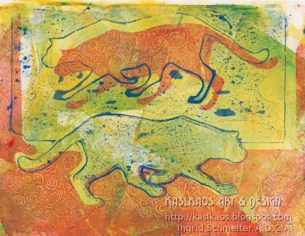 Stalking Cat monoprint original art fine art