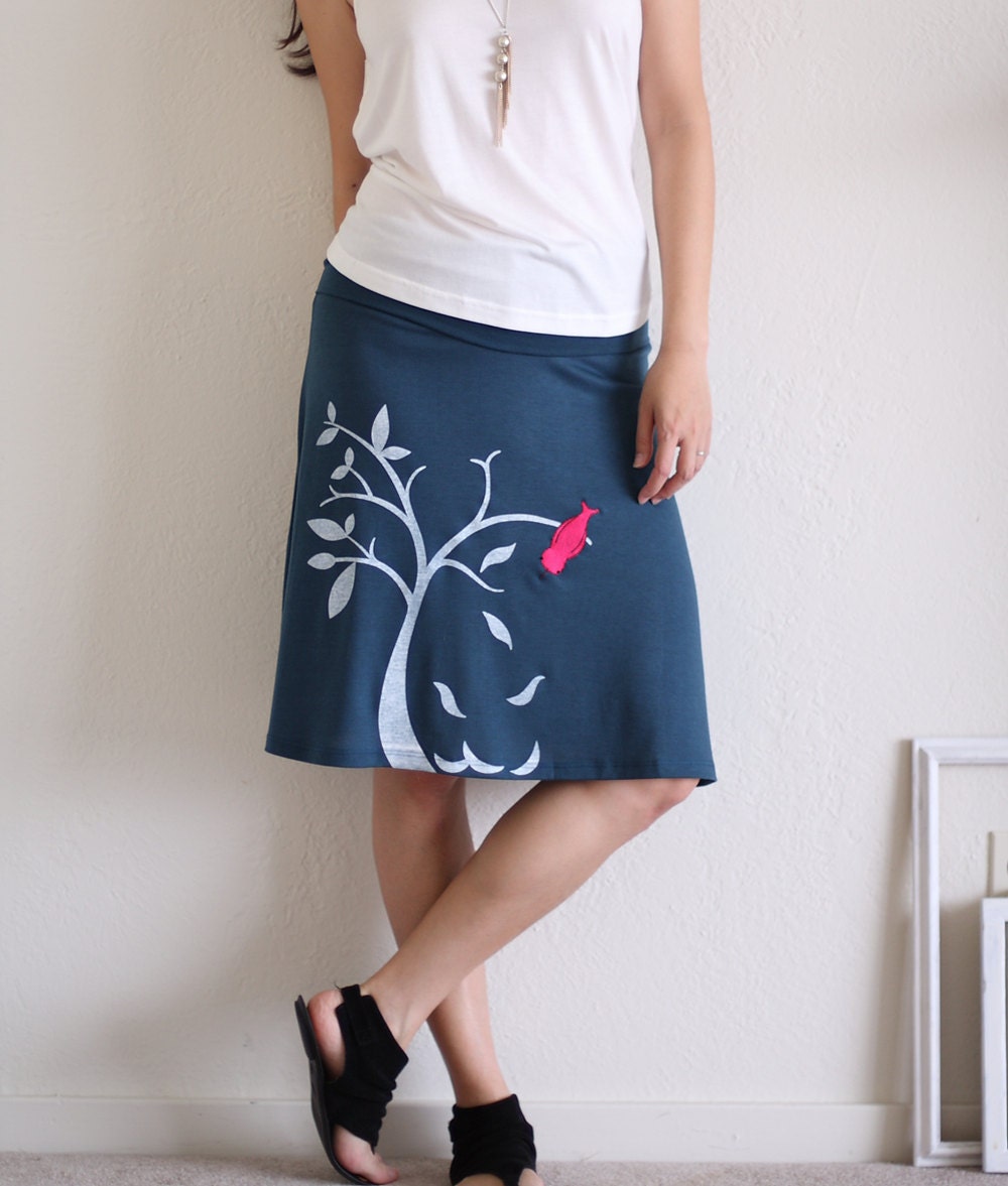 Womens Fashion - Teal Blue Knee Length A line Skirt . Plus size Skirt -The bird and the falling leaves-size Extra Large