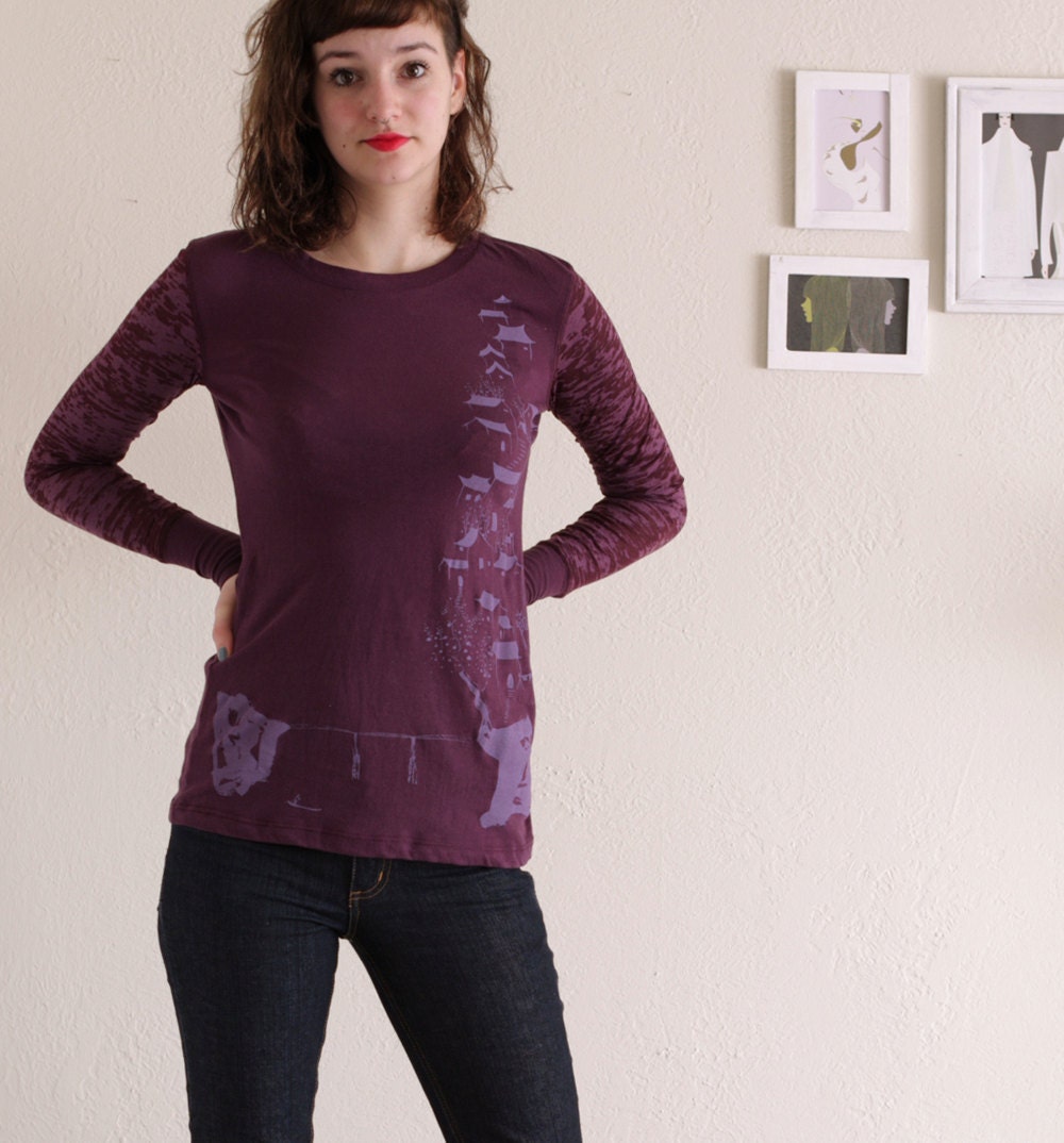 Womens Winter Fashion - Plum long sleeve long body cotton T-shirt - Chinese painting study - size Extra Large