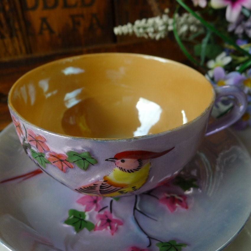 Vintage Lustreware Teacup & Saucer Exotic Bird Hand Painted c. 1930's Japan Pre WWII - Treasury Item