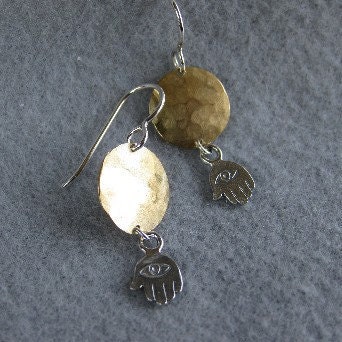 Handmade Sterling Hamsa and Bronze Disc Earrings