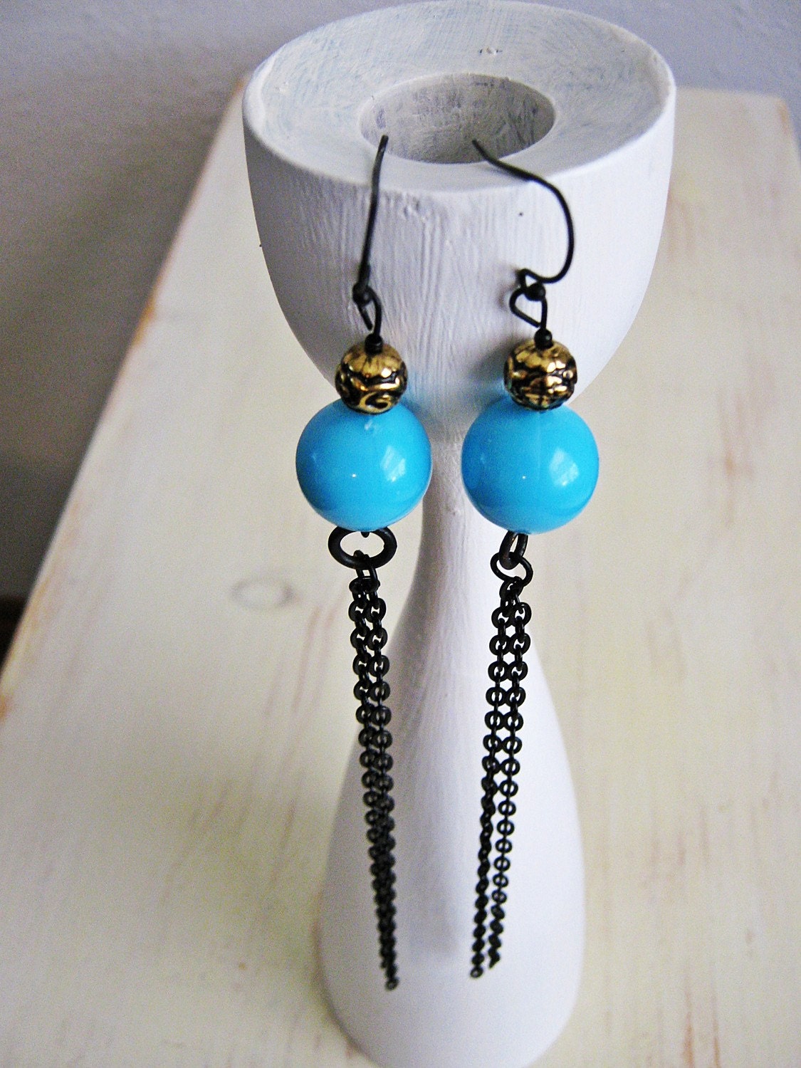 Aqua Blue and Black Chain Earrings (long)