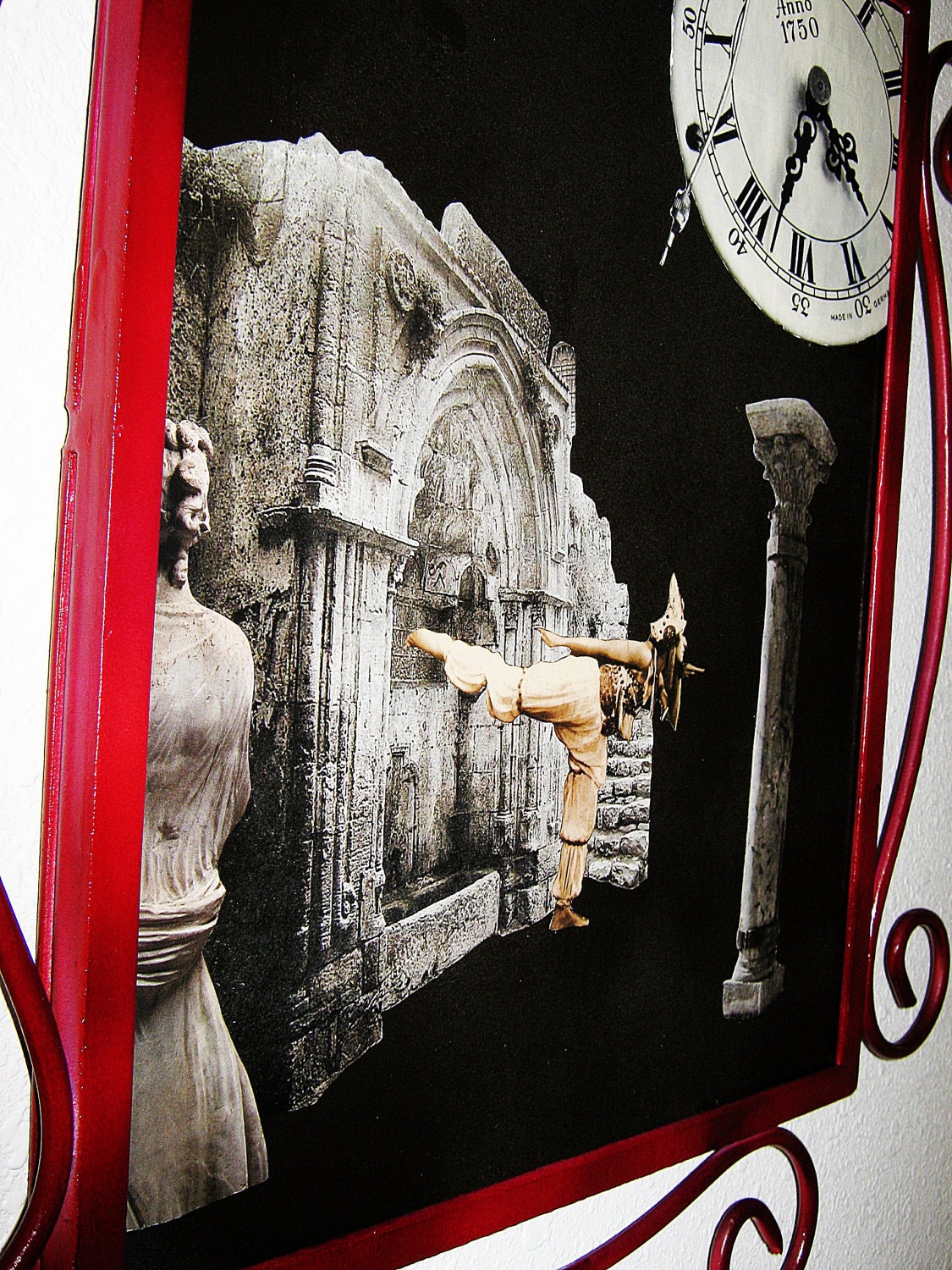 Dancing In Time- Black and White, Original Collage, Metallic Red  Wrought Iron Frame