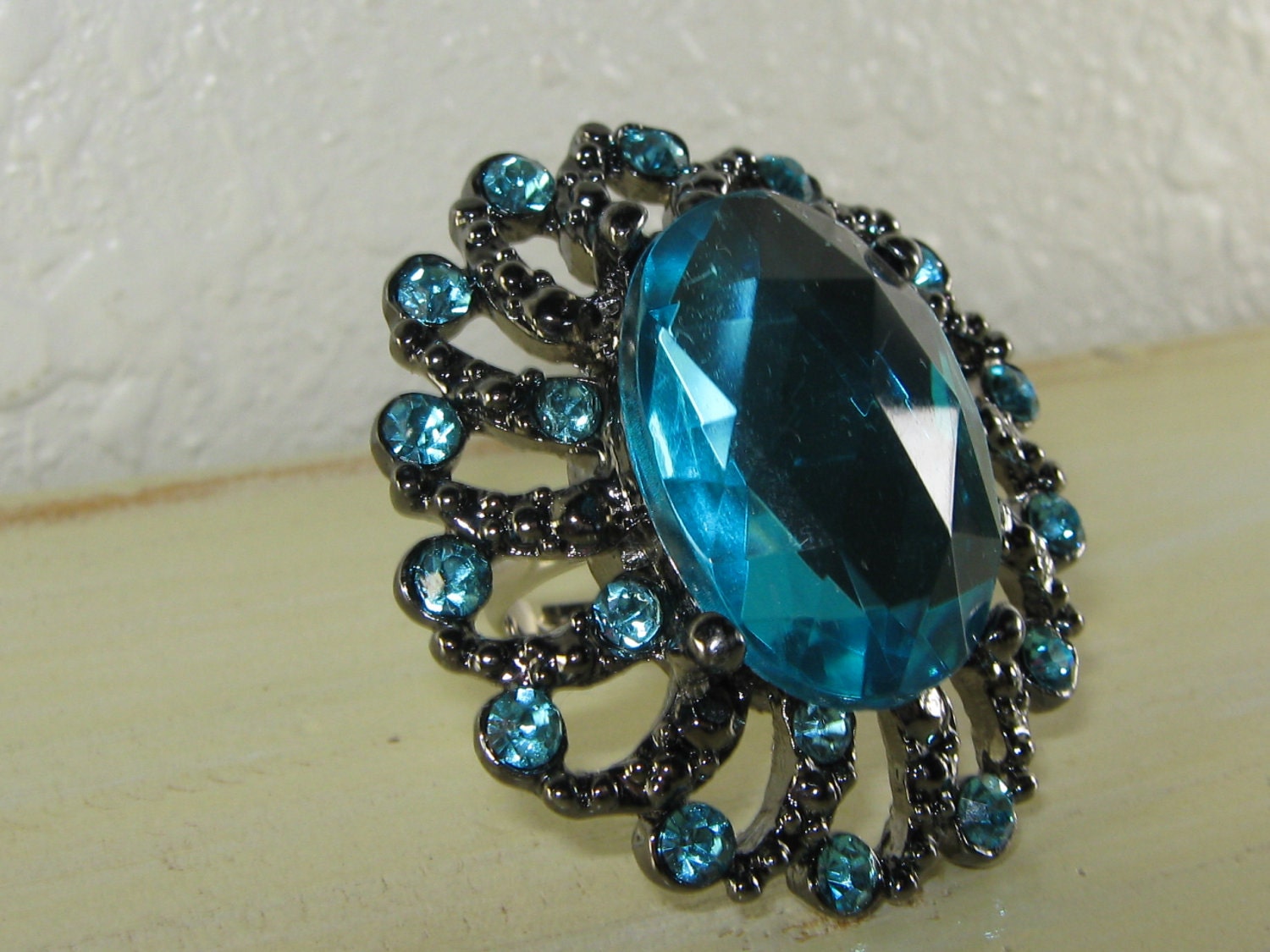 Blue Topaz  Glass Ring - Silver, Cocktail Ring, Large Oval Shaped, Blue Rhinestones, Big Ring, adjustable
