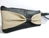 Clutch in Black Leather with Tan Leather Bow Accent- Handmade Wristlet
