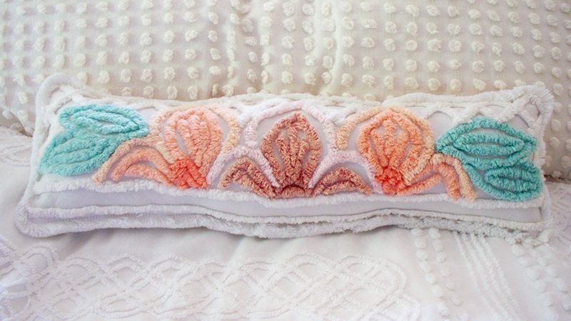 LONG PLUSH Vintage Tufted Chenille Floral Bolster Pillow