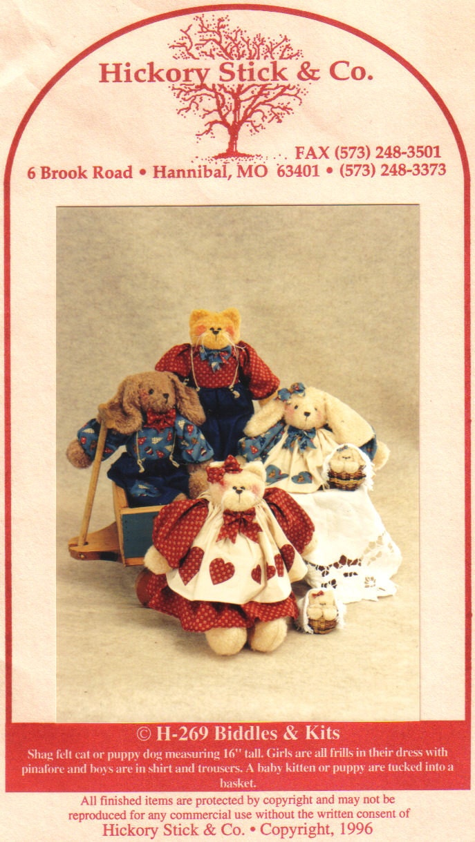 16 inch Puppy & Kittens Sewing Pattern 'Hickory Sticks and Co' Pattern No. H269
