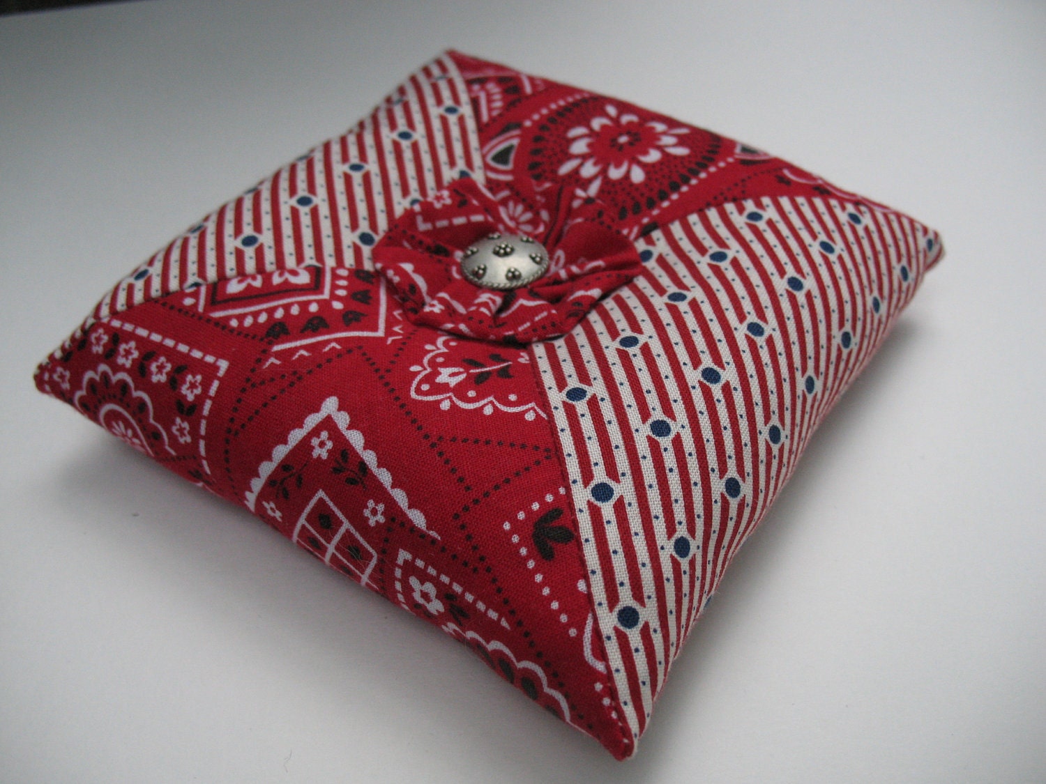 Bandana Pincushion Embellished w/ YoYo & Buttons, Crushed Walnut Filling