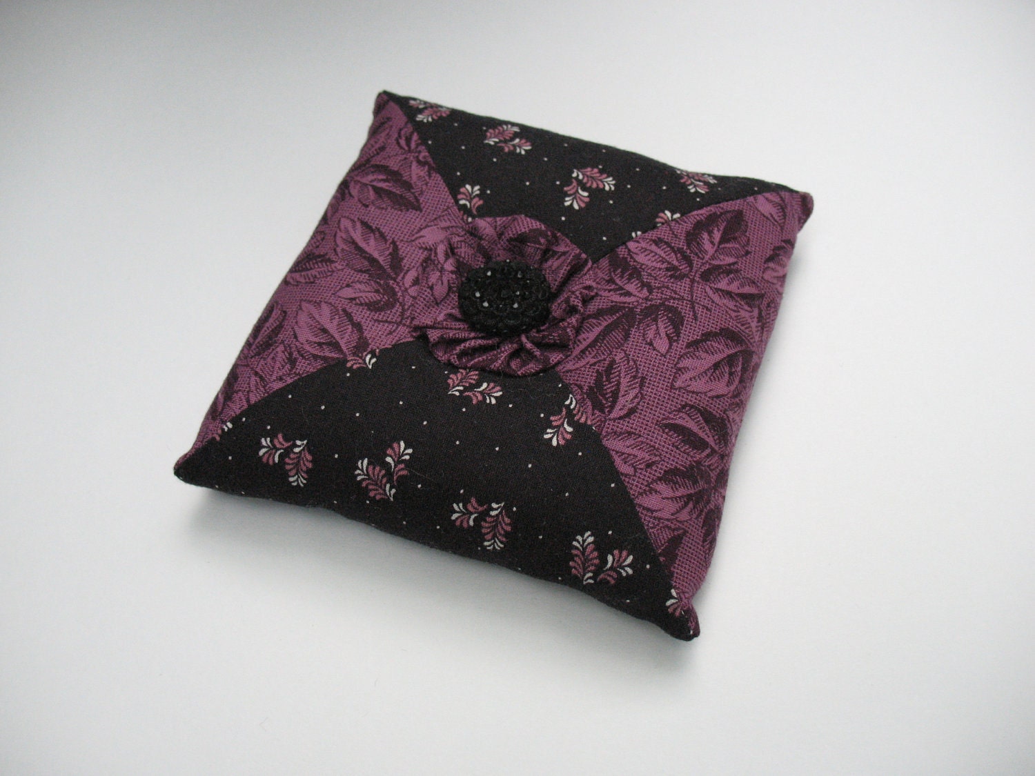 Square Pincushion Embellished w/ YoYo & Buttons, Crushed Walnut Filling