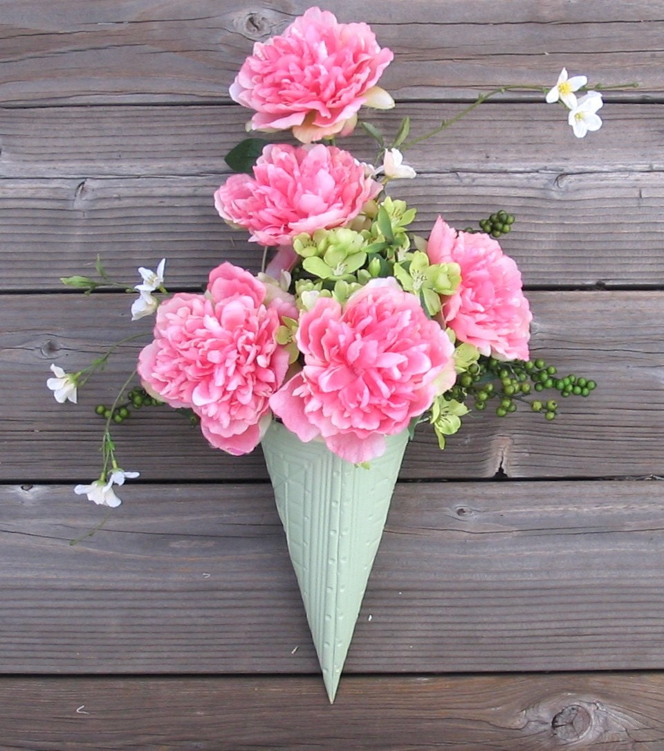 Wall Pocket with Pink Realistic Artificial Peonies - Alternative Door Wreath - Mint Green Cone Holder