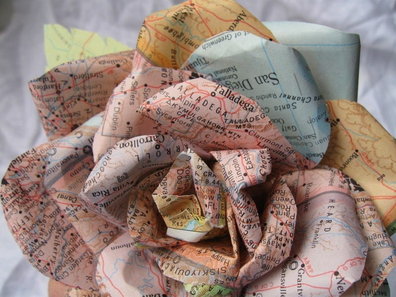 Handmade Paper Rose Vintage Map paper Sherbet shades San Diego Talladega for pin or clip