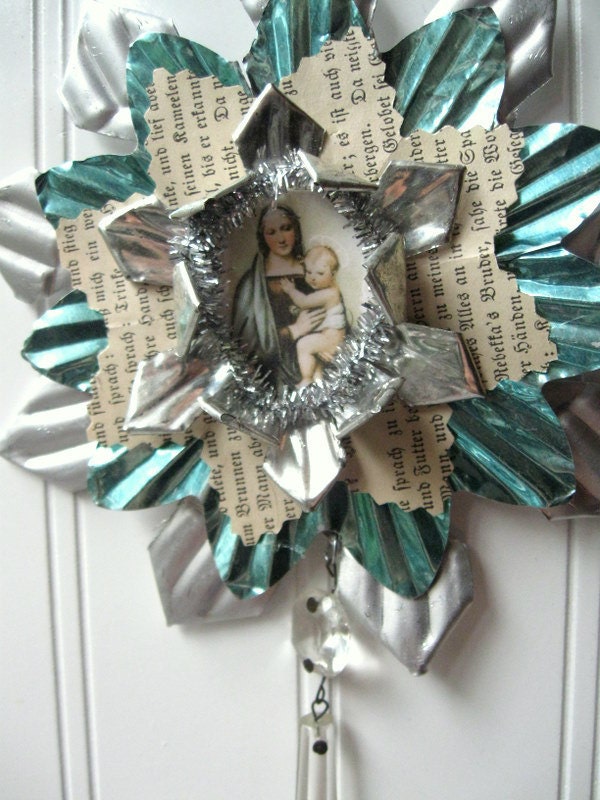 Tart Tin ornament upcycled vintage handmade altered art Folk art Blue Madonna and Child Star Snowflake Flower