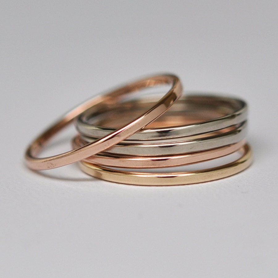 Skinny Stacking Gold Rings, 1mm 14K Rose Gold 14K White Gold and 14K Yellow Gold, Seababejewelry