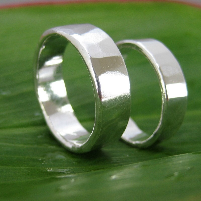 Pure Silver Hammered Wedding Ring Set, Recycled Silver Bands, Sea Babe Jewelry